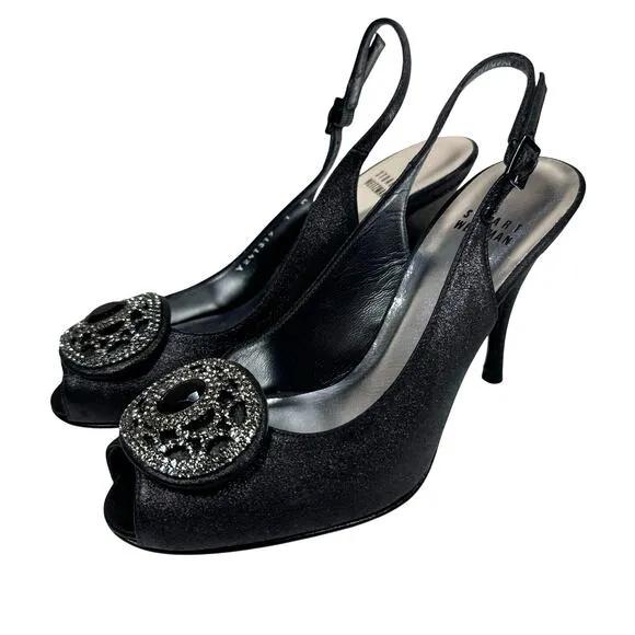 Stuart Weitzman Black Satin Crystal Embellished Slingback Peep Toe Heels Size 7