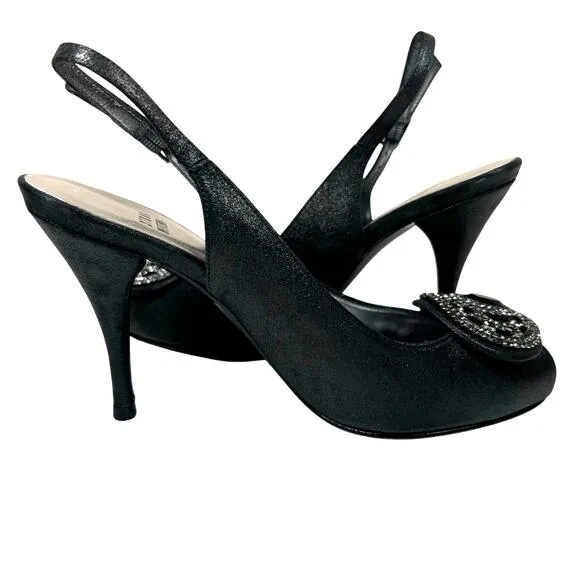 Stuart Weitzman Black Satin Crystal Embellished Slingback Peep Toe Heels Size 7