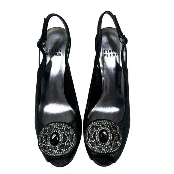 Stuart Weitzman Black Satin Crystal Embellished Slingback Peep Toe Heels Size 7