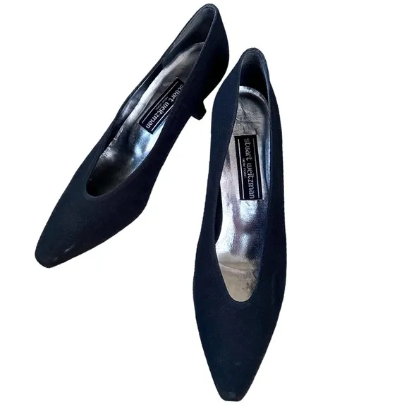 Stuart Weitzman Black Suede Pointed Toe Kitten Heel Pumps Size 9AA