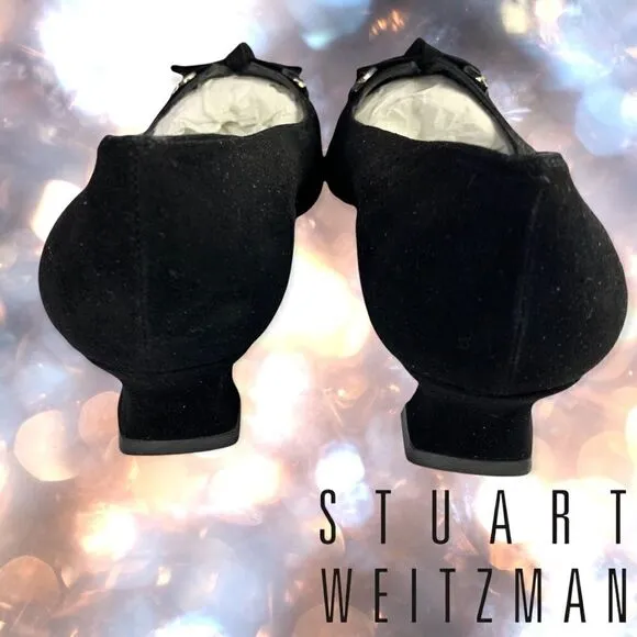 STUART WEITZMAN Black Suede Perforated Tie Bow Linsperf Heels