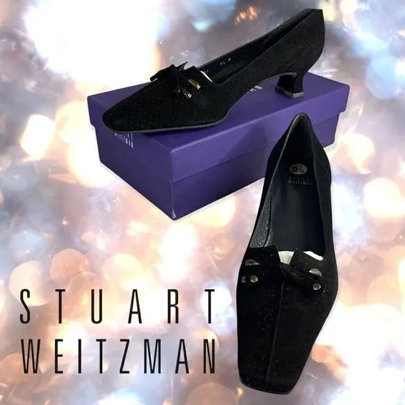 STUART WEITZMAN Black Suede Perforated Tie Bow Linsperf Heels