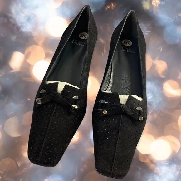 STUART WEITZMAN Black Suede Perforated Tie Bow Linsperf Heels