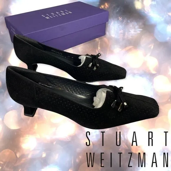 STUART WEITZMAN Black Suede Perforated Tie Bow Linsperf Heels
