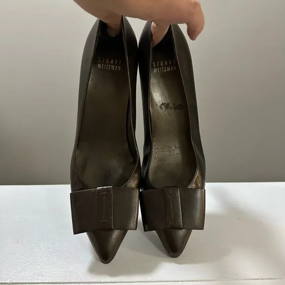 Stuart Weitzman Bronze Bow Detail Leather Pumps Size 7 small kitten heel