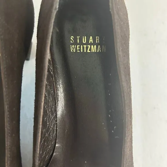 Stuart Weitzman brown perforated suede Linksperi kitten heels with gold size 6M