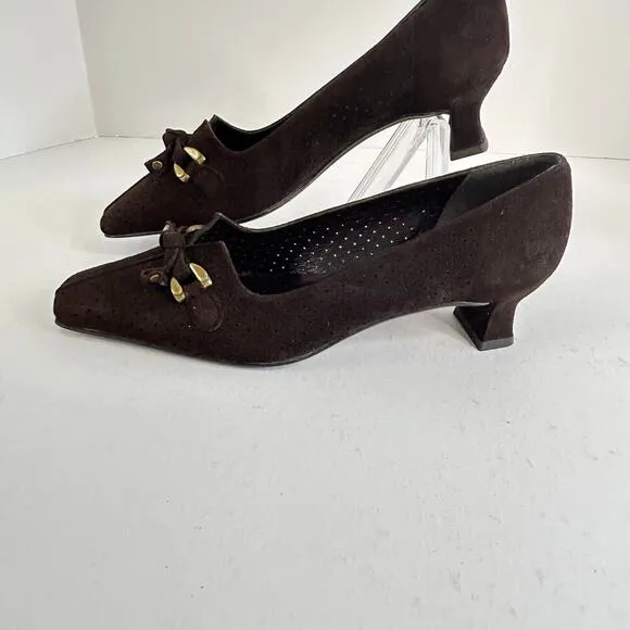 Stuart Weitzman brown perforated suede Linksperi kitten heels with gold size 6M