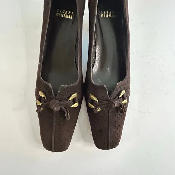 Stuart Weitzman brown perforated suede Linksperi kitten heels with gold size 6M