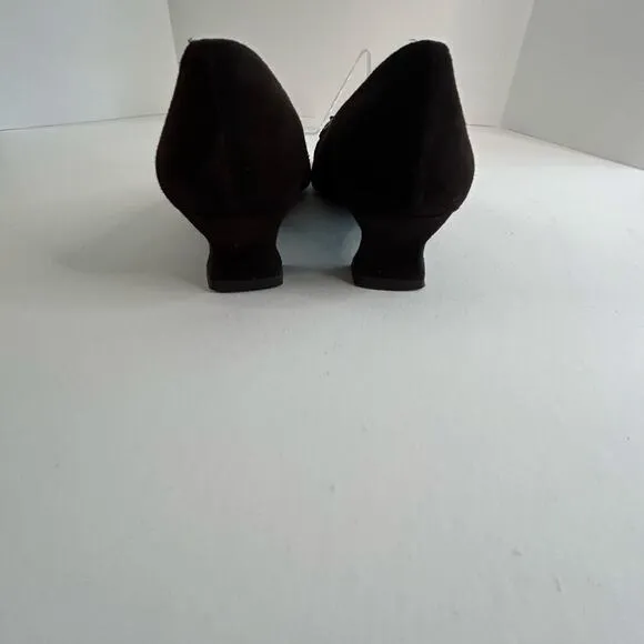 Stuart Weitzman brown perforated suede Linksperi kitten heels with gold size 6M