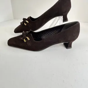 Stuart Weitzman brown perforated suede Linksperi kitten heels with gold size 6M