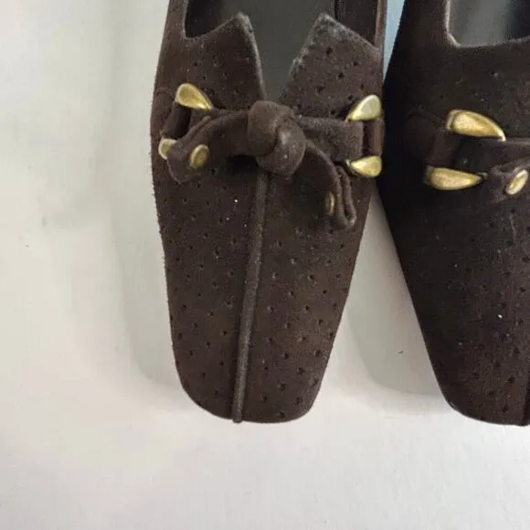 Stuart Weitzman brown perforated suede Linksperi kitten heels with gold size 6M