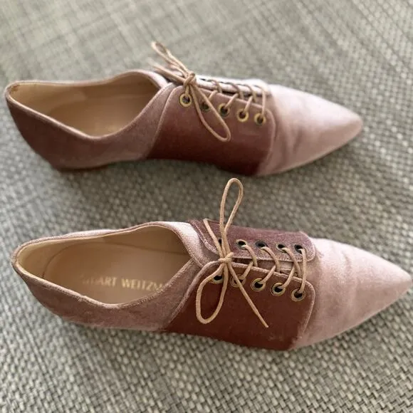 Stuart Weitzman Cello Velvet Lace Up Pointed Toe Oxford Flat Soft Petal Pink 9