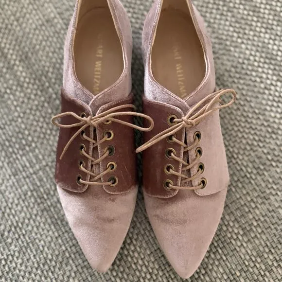 Stuart Weitzman Cello Velvet Lace Up Pointed Toe Oxford Flat Soft Petal Pink 9