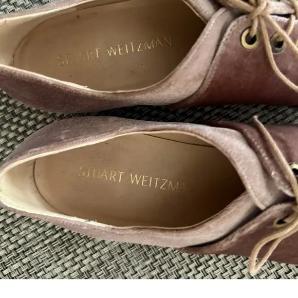 Stuart Weitzman Cello Velvet Lace Up Pointed Toe Oxford Flat Soft Petal Pink 9