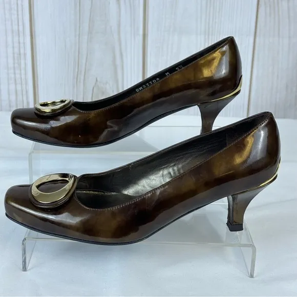 Stuart Weitzman Copper Brown Gold Swirl Pumps Kitten Heel Leather Heels Size 5.5