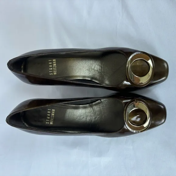 Stuart Weitzman Copper Brown Gold Swirl Pumps Kitten Heel Leather Heels Size 5.5