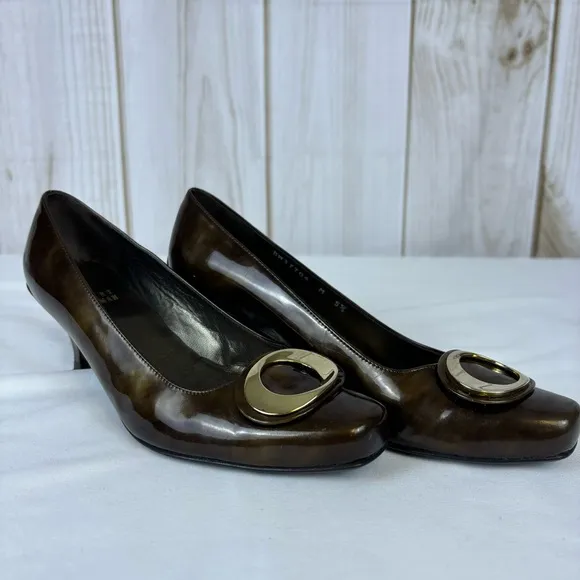 Stuart Weitzman Copper Brown Gold Swirl Pumps Kitten Heel Leather Heels Size 5.5
