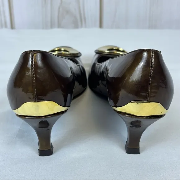 Stuart Weitzman Copper Brown Gold Swirl Pumps Kitten Heel Leather Heels Size 5.5