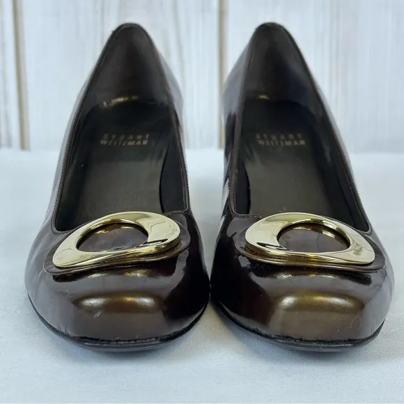 Stuart Weitzman Copper Brown Gold Swirl Pumps Kitten Heel Leather Heels Size 5.5