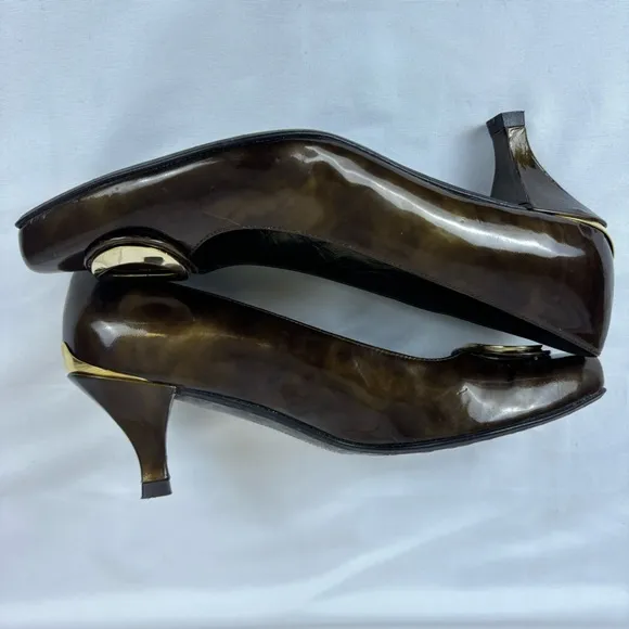 Stuart Weitzman Copper Brown Gold Swirl Pumps Kitten Heel Leather Heels Size 5.5