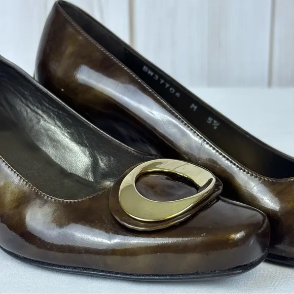 Stuart Weitzman Copper Brown Gold Swirl Pumps Kitten Heel Leather Heels Size 5.5