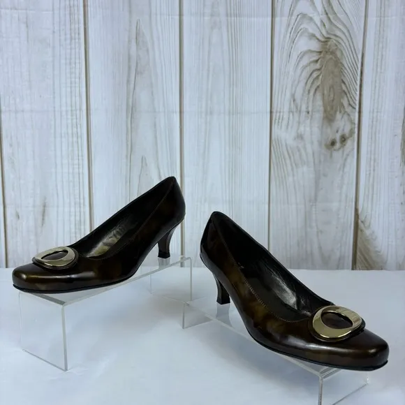 Stuart Weitzman Copper Brown Gold Swirl Pumps Kitten Heel Leather Heels Size 5.5