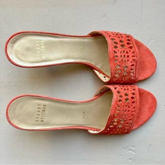 Stuart Weitzman Coral Suede Slide Heeled Sandals w/ Gold Stud Accents Size 6.5