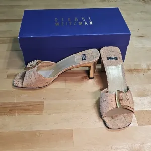 Stuart Weitzman Cork Gold Kitten Heels | Size 7