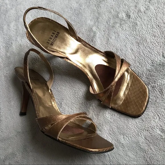 Stuart Weitzman Delovely Metallic Bronze Reptile Leather Slingback Evening Heels