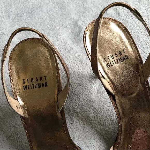 Stuart Weitzman Delovely Metallic Bronze Reptile Leather Slingback Evening Heels