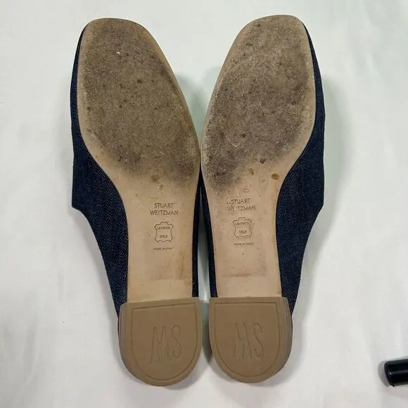 Stuart Weitzman Denim Blue Mules Slip-On Flat Shoes Casual Loafer Womens 7.5