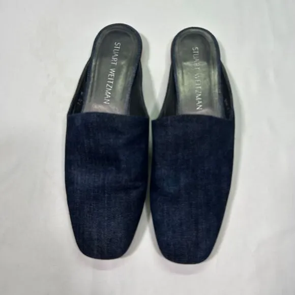 Stuart Weitzman Denim Blue Mules Slip-On Flat Shoes Casual Loafer Womens 7.5