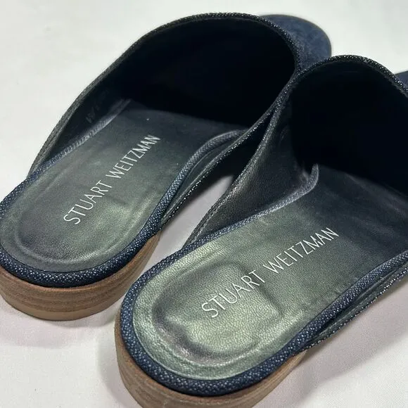 Stuart Weitzman Denim Blue Mules Slip-On Flat Shoes Casual Loafer Womens 7.5