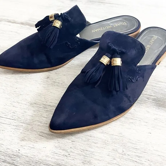 Stuart Weitzman Elegant Navy Suede Pointed Toe Mules with Tassel Detail size 10M
