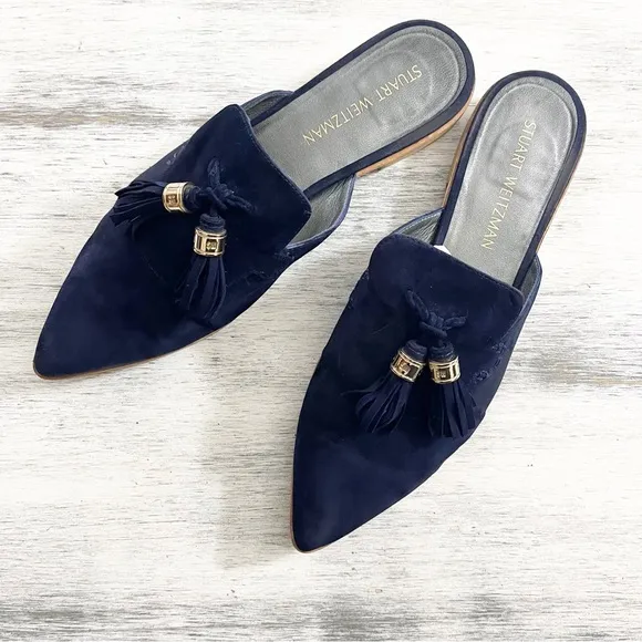 Stuart Weitzman Elegant Navy Suede Pointed Toe Mules with Tassel Detail size 10M