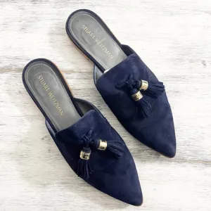 Stuart Weitzman Elegant Navy Suede Pointed Toe Mules with Tassel Detail size 10M