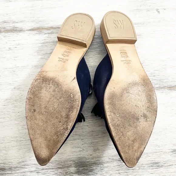 Stuart Weitzman Elegant Navy Suede Pointed Toe Mules with Tassel Detail size 10M