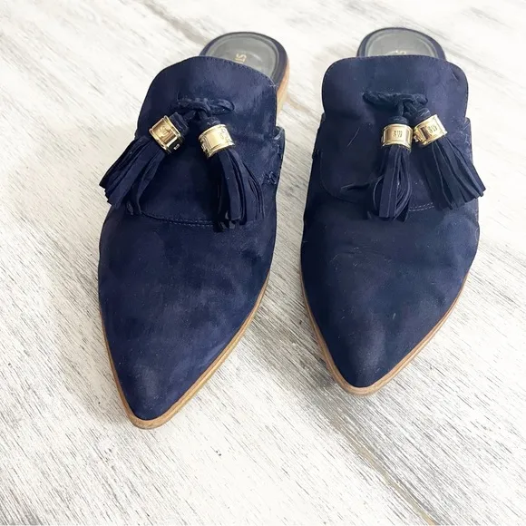 Stuart Weitzman Elegant Navy Suede Pointed Toe Mules with Tassel Detail size 10M