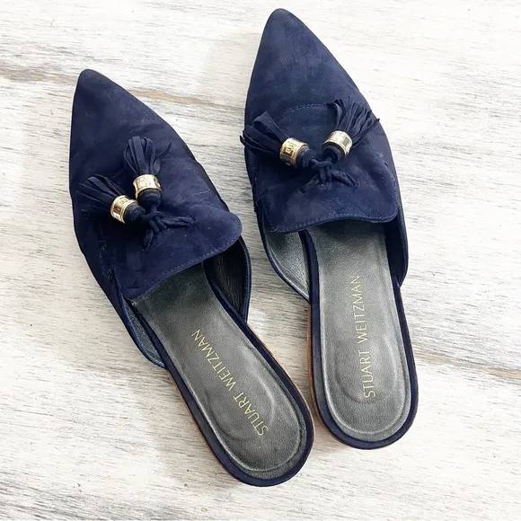 Stuart Weitzman Elegant Navy Suede Pointed Toe Mules with Tassel Detail size 10M
