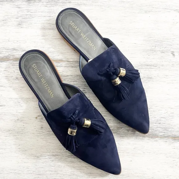 Stuart Weitzman Elegant Navy Suede Pointed Toe Mules with Tassel Detail size 10M