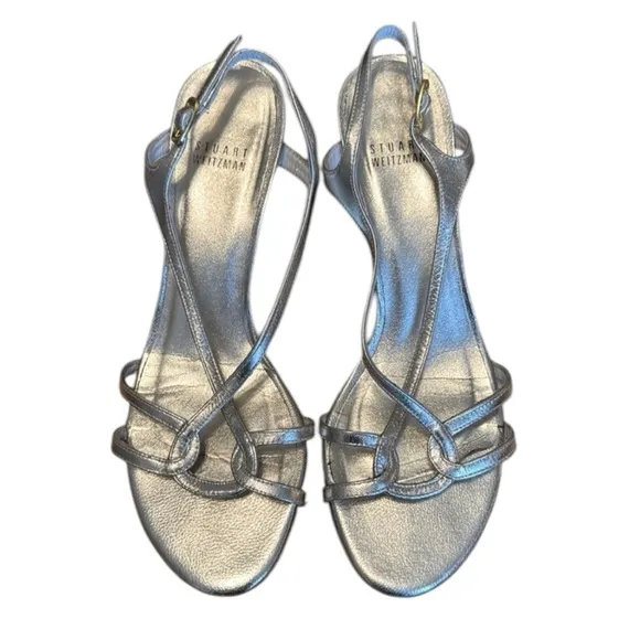 Stuart Weitzman Gold Reversal Leather Kitten Heel Strappy Slingback Heels Sz 8