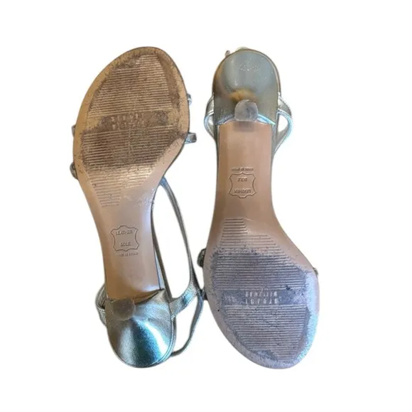 Stuart Weitzman Gold Reversal Leather Kitten Heel Strappy Slingback Heels Sz 8