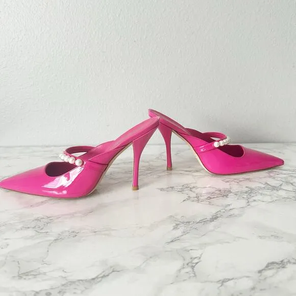 Stuart Weitzman Goldie 100MM Hot Pink Pearl Studded Heel Mules Women’s Size 9.5