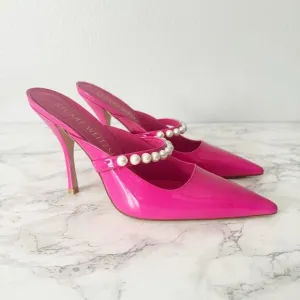Stuart Weitzman Goldie 100MM Hot Pink Pearl Studded Heel Mules Women’s Size 9.5