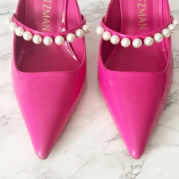 Stuart Weitzman Goldie 100MM Hot Pink Pearl Studded Heel Mules Women’s Size 9.5