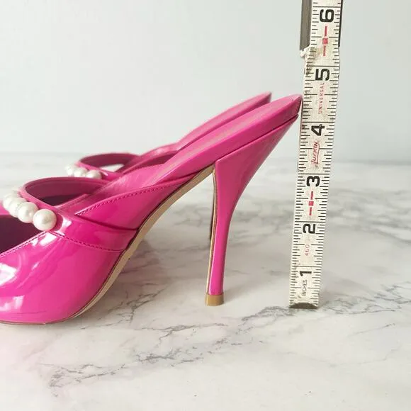 Stuart Weitzman Goldie 100MM Hot Pink Pearl Studded Heel Mules Women’s Size 9.5