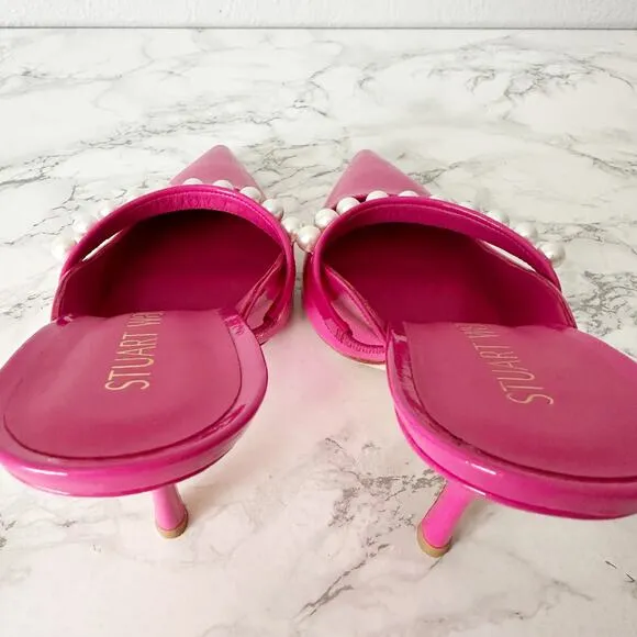 Stuart Weitzman Goldie 100MM Hot Pink Pearl Studded Heel Mules Women’s Size 9.5