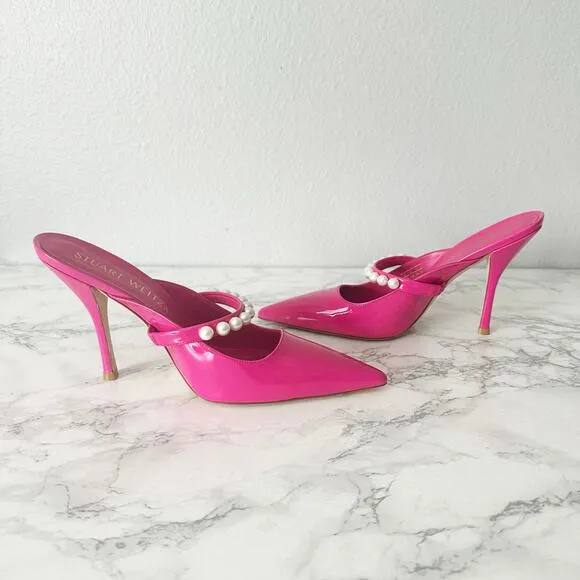 Stuart Weitzman Goldie 100MM Hot Pink Pearl Studded Heel Mules Women’s Size 9.5