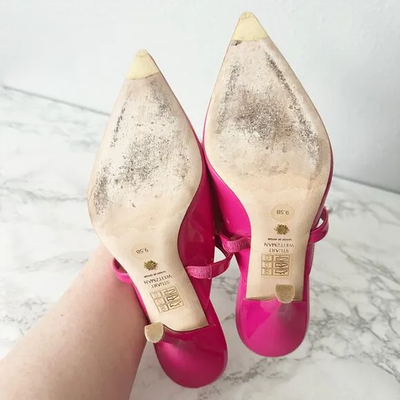 Stuart Weitzman Goldie 100MM Hot Pink Pearl Studded Heel Mules Women’s Size 9.5