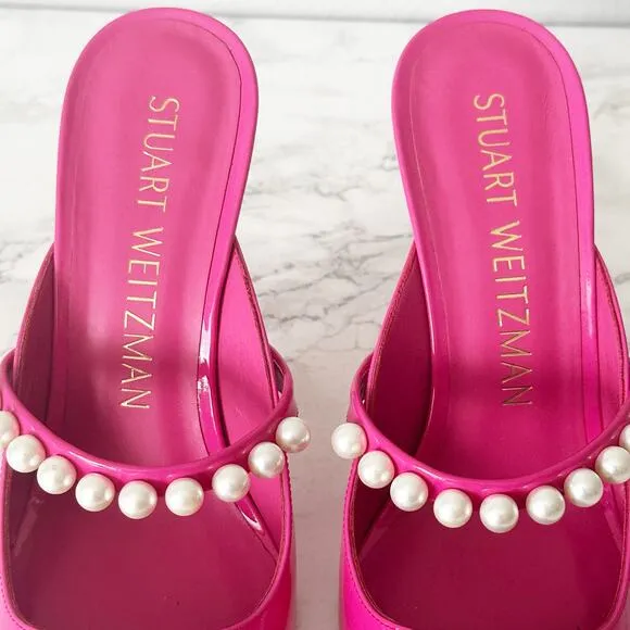 Stuart Weitzman Goldie 100MM Hot Pink Pearl Studded Heel Mules Women’s Size 9.5